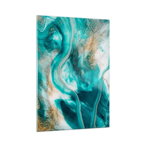 Cuadro sobre vidrio - Impresiones sobre Vidrio - Una composición abstracta en turquesa con acentos dorados. - 50x70cm - Río de oro - Decoración de pared moderna para salón y dormitorio ARTTOR