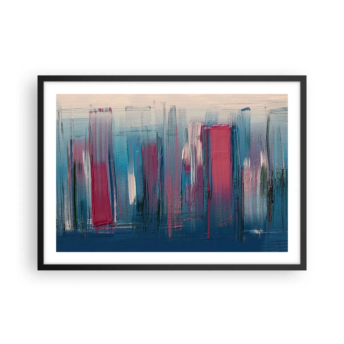 Póster en marco negro - Formas verticales abstractas en tonos azules y rojos. - 70x50cm - Composición vertical en azul y rojo - Decoración de pared moderna para salón y dormitorio ARTTOR