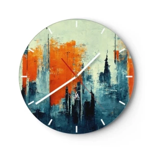 Reloj de pared - Reloj de vidrio - Panorama abstracto de la ciudad en tonos naranja y azul marino - 30x30cm - Paisaje moderno - Decoración de pared moderna para salón, cocina y dormitorio ARTTOR