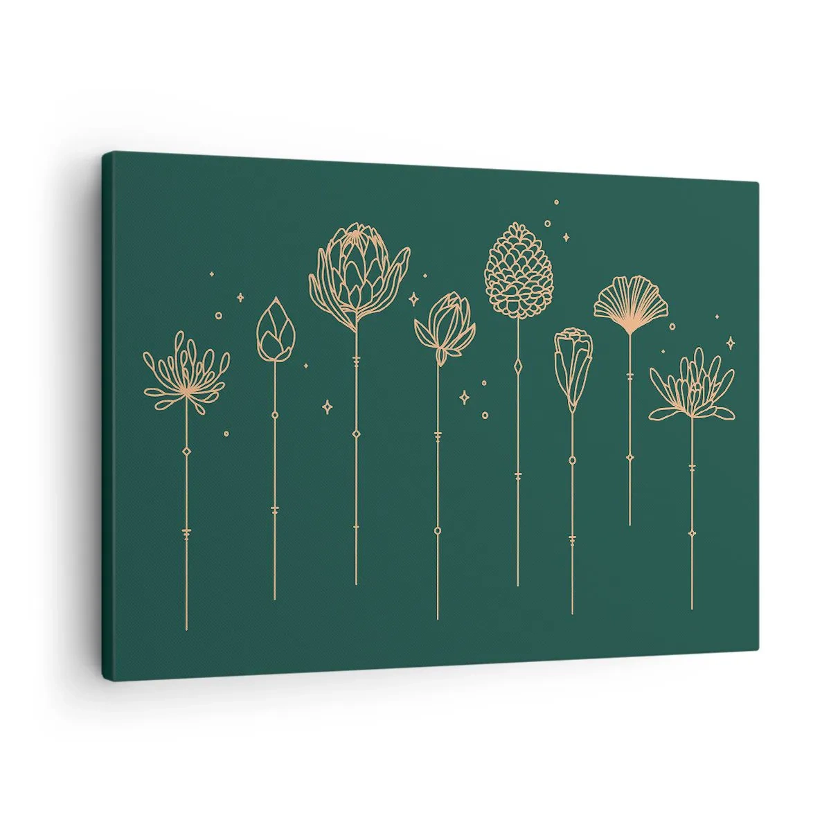 Cuadro sobre lienzo - Impresión de Imagen - Dibujos dorados de hierbas sobre un fondo verde oscuro. - 70x50cm - La familia vegetal - Decoración de pared moderna para salón y dormitorio ARTTOR