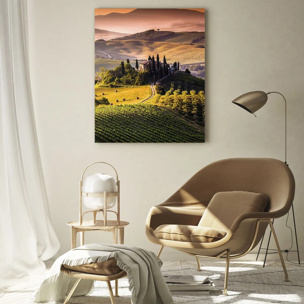 Cuadro sobre vidrio - Impresiones sobre Vidrio - Paisaje toscano con viñedos y una casa en una colina. - 70x100cm - Paisaje toscano - Decoración de pared moderna para salón y dormitorio ARTTOR