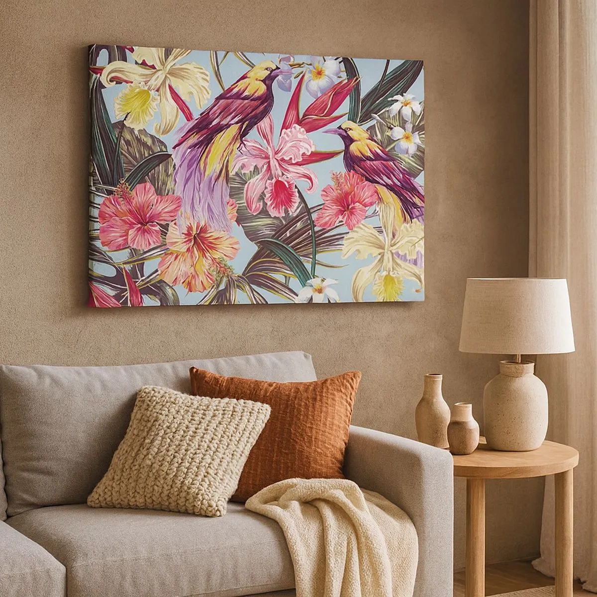 Cuadro sobre lienzo - Impresión de Imagen - Aves exóticas entre flores tropicales - 70x50cm - Pétalos y plumas - Decoración de pared moderna para salón y dormitorio ARTTOR