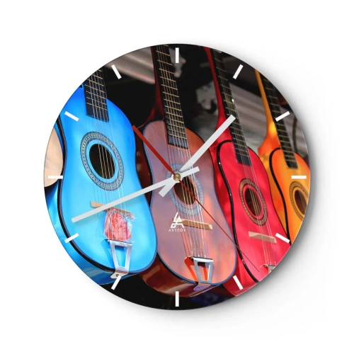 Reloj de pared - Reloj de vidrio - Guitarras coloridas en diferentes tonos sobre un fondo oscuro. - 30x30cm - Estilo latino - Decoración de pared moderna para salón, cocina y dormitorio ARTTOR