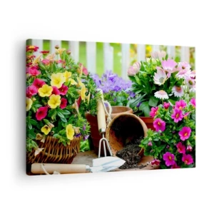 Cuadro sobre lienzo - Impresión de Imagen - Flores de colores en macetas con herramientas de jardinería sobre la mesa. - 70x50cm - El jardín de Sofía - Decoración de pared moderna para salón y dormitorio ARTTOR