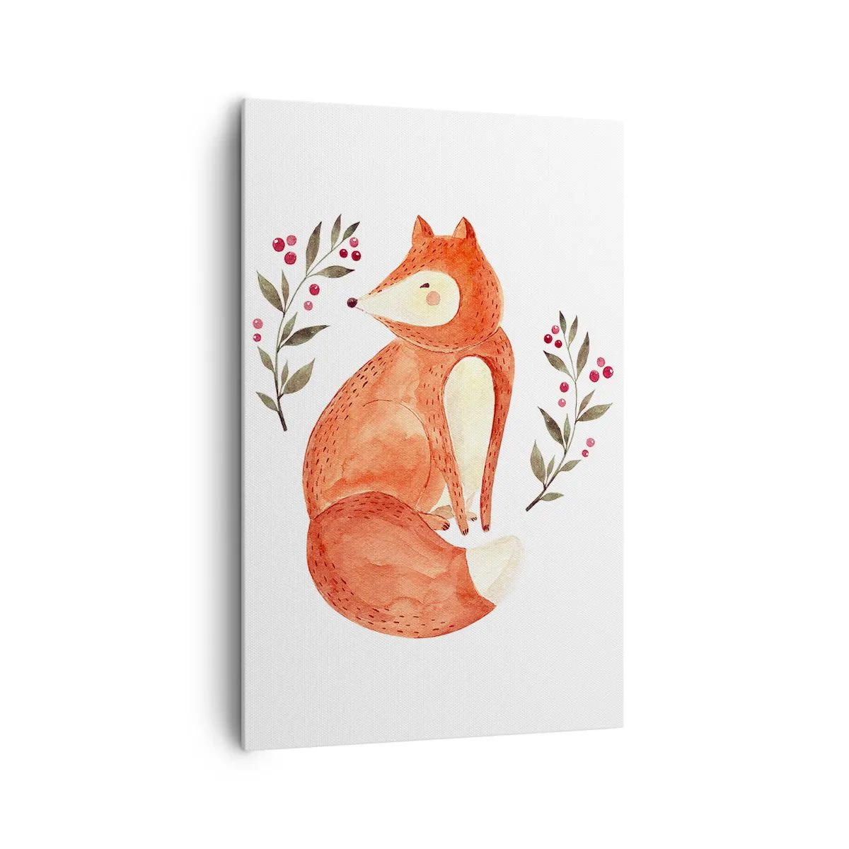 Cuadro sobre lienzo - Impresión de Imagen - Un zorro de acuarela rodeado de ramitas con bayas. - 80x120cm - Pequeño pelirrojo - Decoración de pared moderna para salón y dormitorio ARTTOR