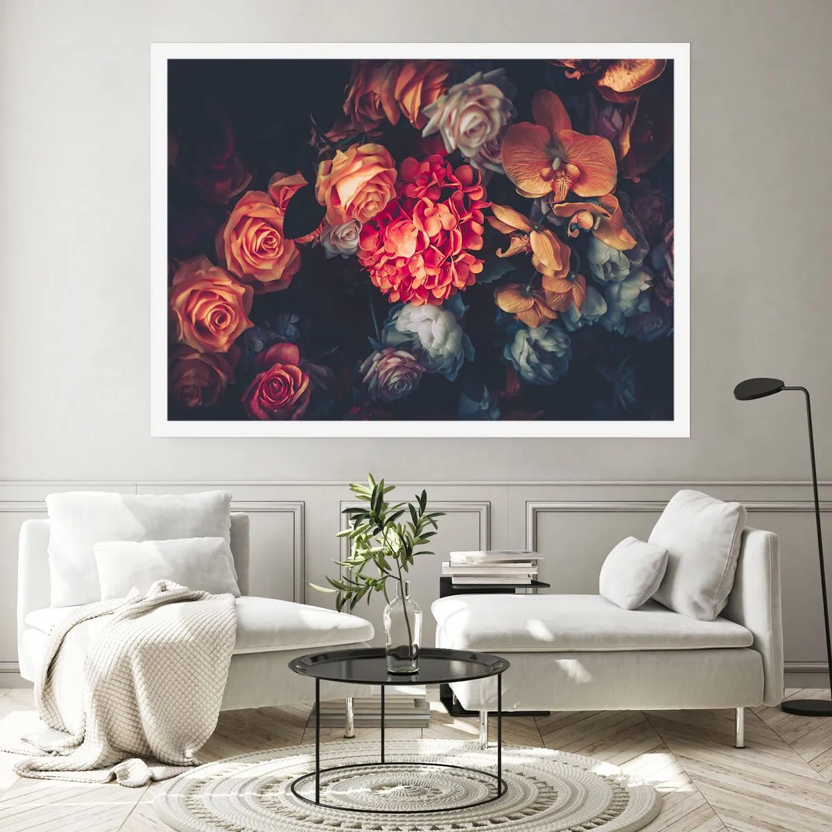 Póster - Un ramo de varias flores en tonos oscuros. - 100x70cm - Como los maestros holandeses - Decoración de pared moderna para salón y dormitorio ARTTOR