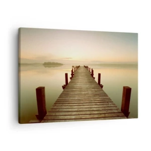 Cuadro sobre lienzo - Impresión de Imagen - Un embarcadero de madera en un lago tranquilo por la mañana. - 70x50cm - Antes del amanecer, al amanecer, la luz - Decoración de pared moderna para salón y dormitorio ARTTOR