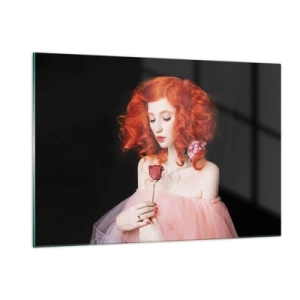 Cuadro sobre vidrio - Impresiones sobre Vidrio - Retrato de una mujer con cabello rojo y una rosa sobre un fondo oscuro. - 120x80cm - En estilo barroco - Decoración de pared moderna para salón y dormitorio ARTTOR