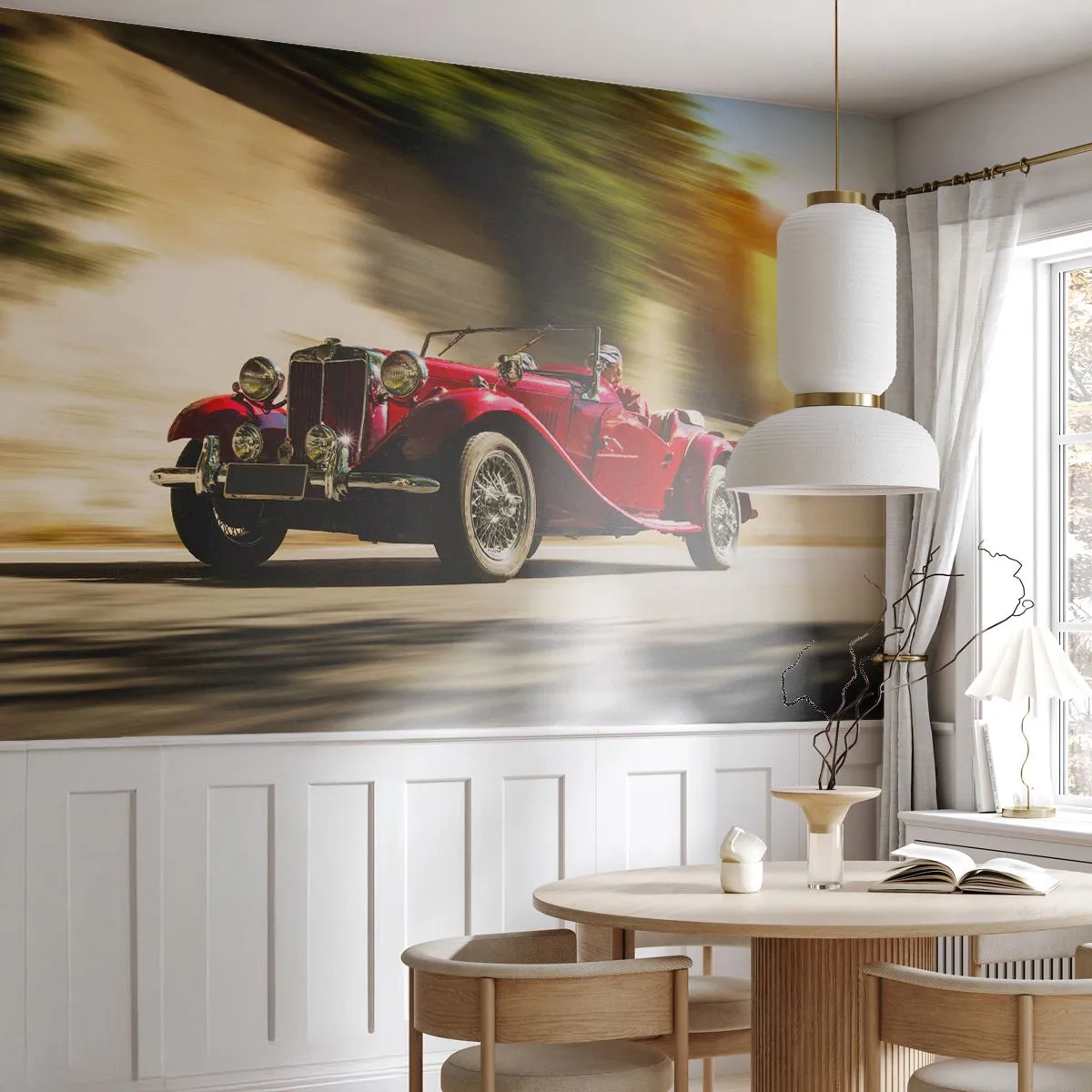 Fotomural Premium Sand - Un clásico convertible rojo en movimiento dinámico. - 100x70cm - Hermosa pieza de museo - Decoración de pared moderna para salón y dormitorio ARTTOR
