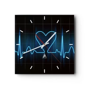 Reloj de pared - Reloj de vidrio - Una línea salvavidas con un corazón sobre un fondo de monitoreo médico en tonos azules. - 30x30cm - El ritmo del corazón - Decoración de pared moderna para salón y dormitorio ARTTOR