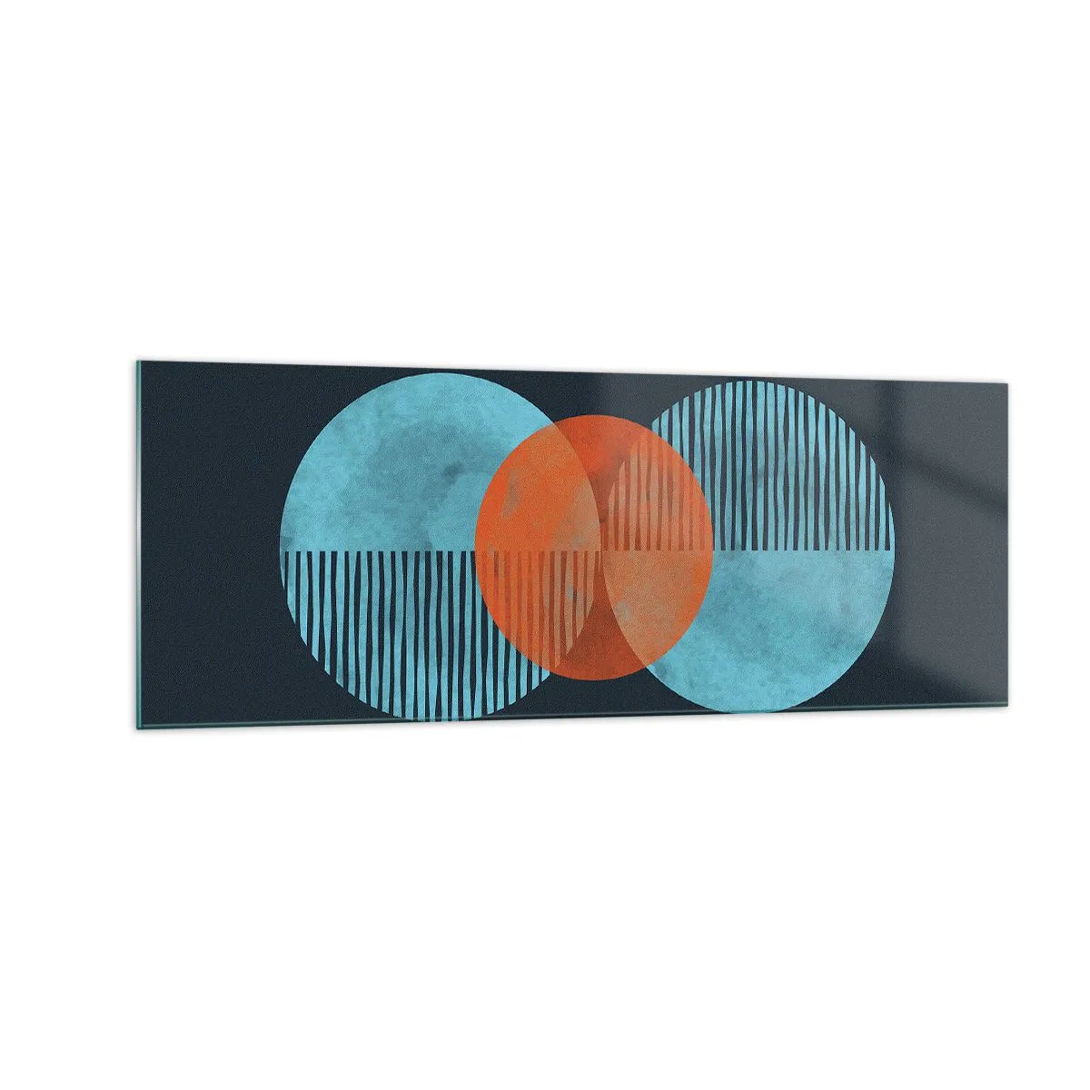 Cuadro sobre vidrio - Impresiones sobre Vidrio - Círculos geométricos en tonos azules y naranjas. - 140x50cm - Composición simétrica - Decoración de pared moderna para salón y dormitorio ARTTOR