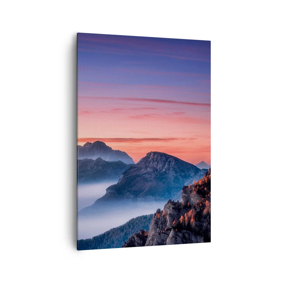 Cuadro sobre lienzo - Impresión de Imagen - Paisaje de montaña al amanecer con niebla en los valles. - 70x100cm - Sobre los valles - Decoración de pared moderna para salón y dormitorio ARTTOR