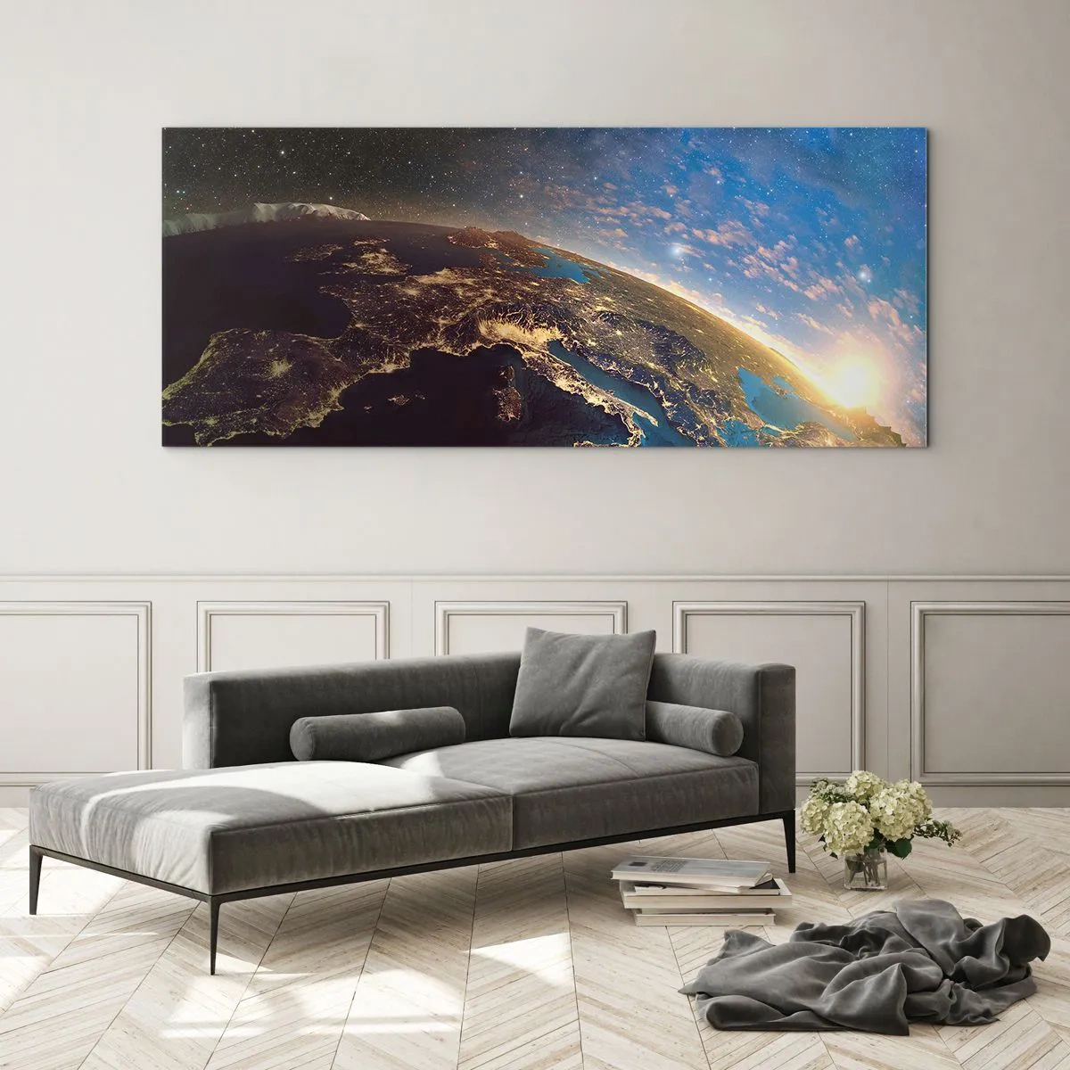 Cuadro sobre vidrio - Impresiones sobre Vidrio - Vista de la Tierra desde el espacio al amanecer - 160x50cm - Mirémonos a nosotros mismos desde la distancia - Decoración de pared moderna para salón y dormitorio ARTTOR