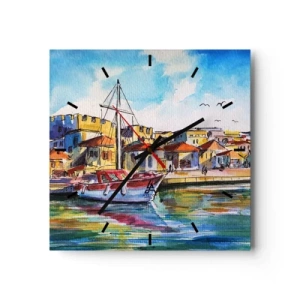 Reloj de pared - Reloj de vidrio - Un puerto pintoresco con un barco y edificios coloridos. - 30x30cm - Tarde de arco iris - Decoración de pared moderna para salón y dormitorio ARTTOR