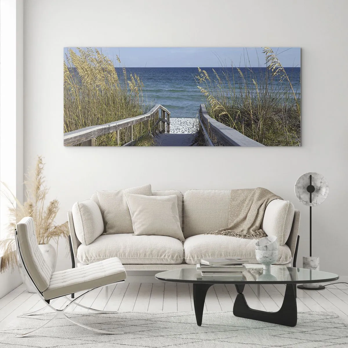 Cuadro sobre vidrio - Impresiones sobre Vidrio - Camino a la playa con vistas al mar - 120x50cm - En el sol, en el viento - Decoración de pared moderna para salón y dormitorio ARTTOR
