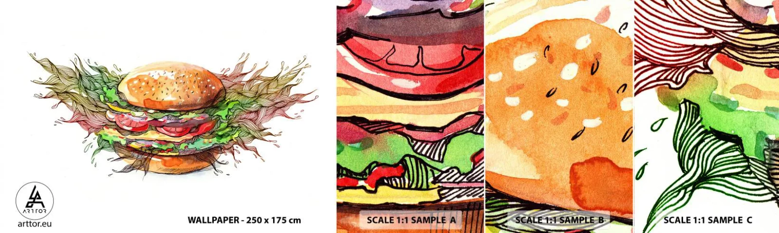 Muestra de fotomural autoadhesivo Deluxe Sticker - Tentación irresistible - Gastronomía, Hamburguesa, Culinario - 100x30 cm