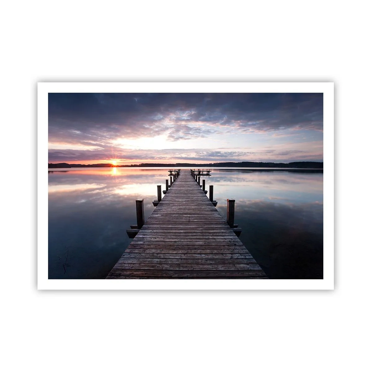 Póster - Un muelle en un lago al atardecer en un paisaje tranquilo. - 100x70cm - Frontera silenciosa del día y la noche - Decoración de pared moderna para salón y dormitorio ARTTOR