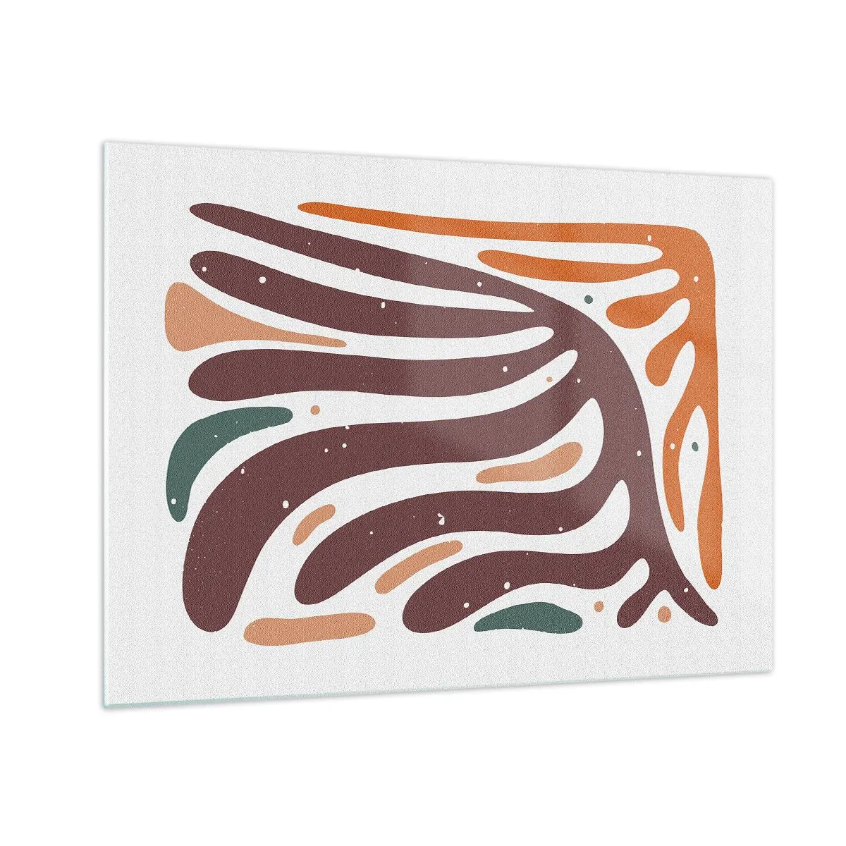 Cuadro sobre vidrio - Impresiones sobre Vidrio - Formas abstractas en tonos marrones y naranjas que irradian sobre un fondo blanco. - 70x50cm - Composición orgánica - Decoración de pared moderna para salón y dormitorio ARTTOR