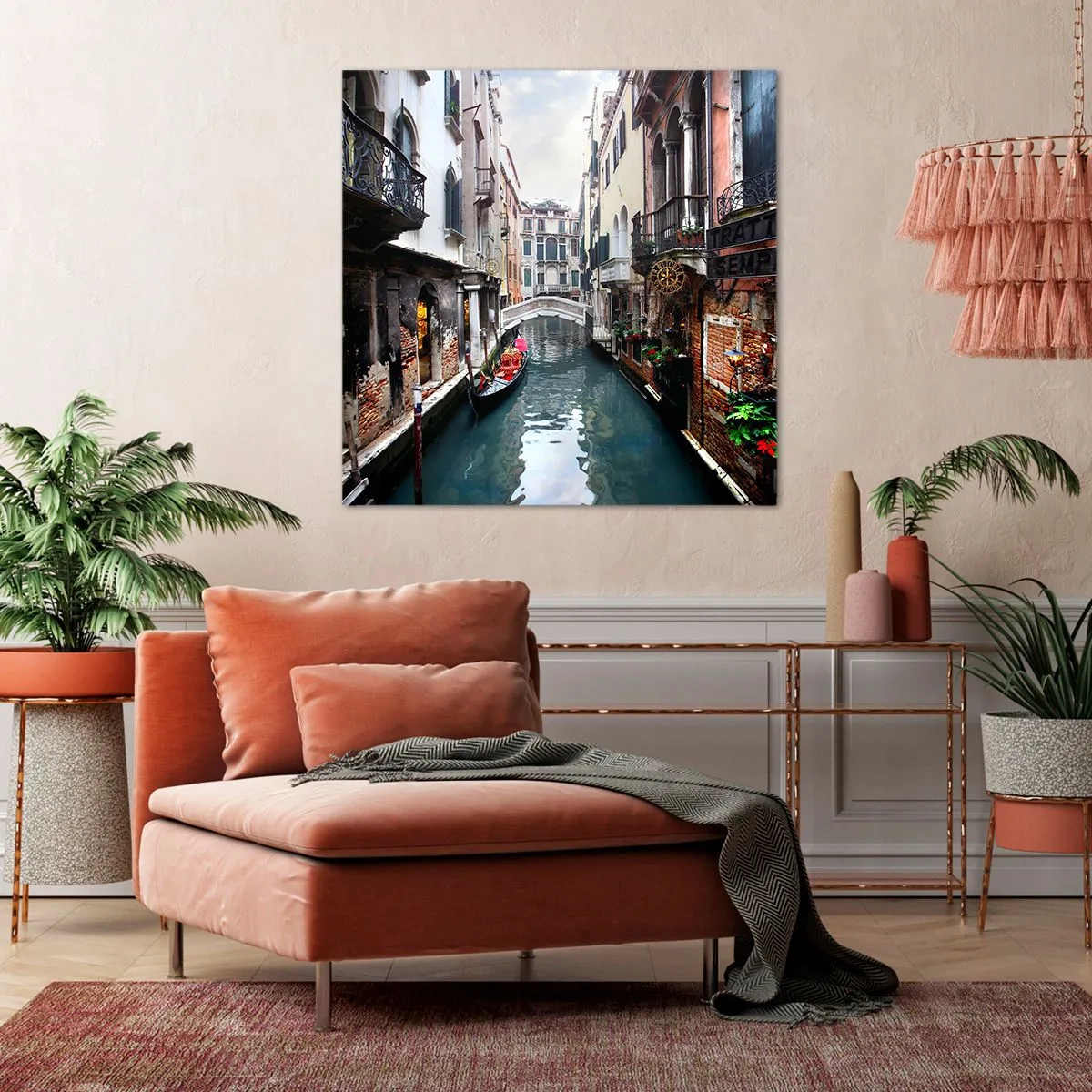 Cuadro sobre lienzo - Impresión de Imagen - Paisaje veneciano con góndola y puente - 40x40 cm