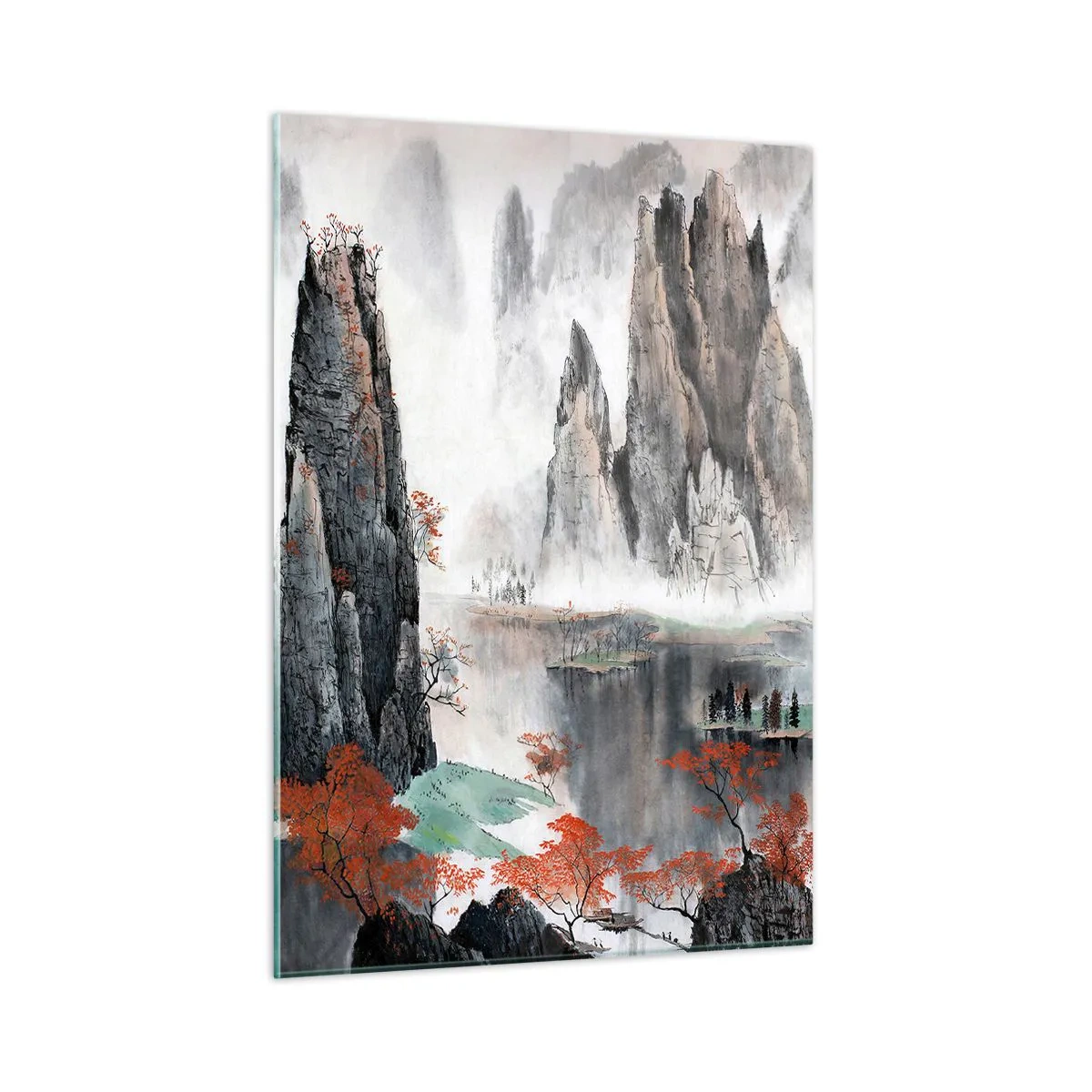 Cuadro sobre vidrio - Impresiones sobre Vidrio - Un pintoresco paisaje montañoso con picos brumosos y árboles rojos. - 50x70cm - Poderosos guardianes - Decoración de pared moderna para salón y dormitorio ARTTOR