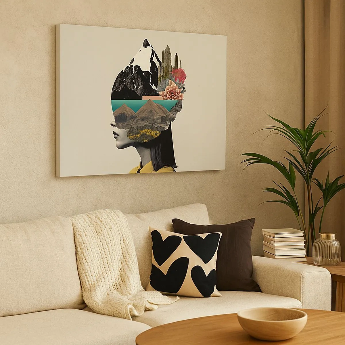 Cuadro sobre lienzo - Impresión de Imagen - Collage de una mujer con un paisaje de montaña y flores. - 70x50cm - La mujer, siempre un misterio - Decoración de pared moderna para salón y dormitorio ARTTOR