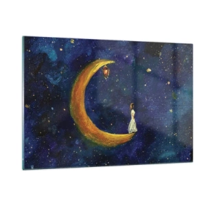 Cuadro sobre vidrio - Impresiones sobre Vidrio - Una figura en la luna en el cielo nocturno. - 120x80cm - La llamada de la Luna - Decoración de pared moderna para salón y dormitorio ARTTOR