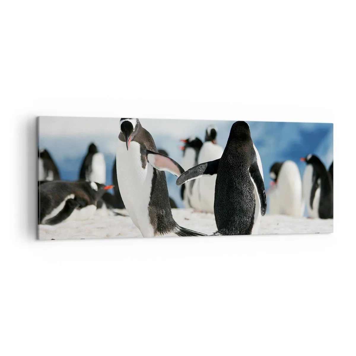 Cuadro sobre lienzo - Impresión de Imagen - Un grupo de pingüinos en la nieve en un paisaje antártico. - 140x50cm - Bailando en la nieve - Decoración de pared moderna para salón y dormitorio ARTTOR