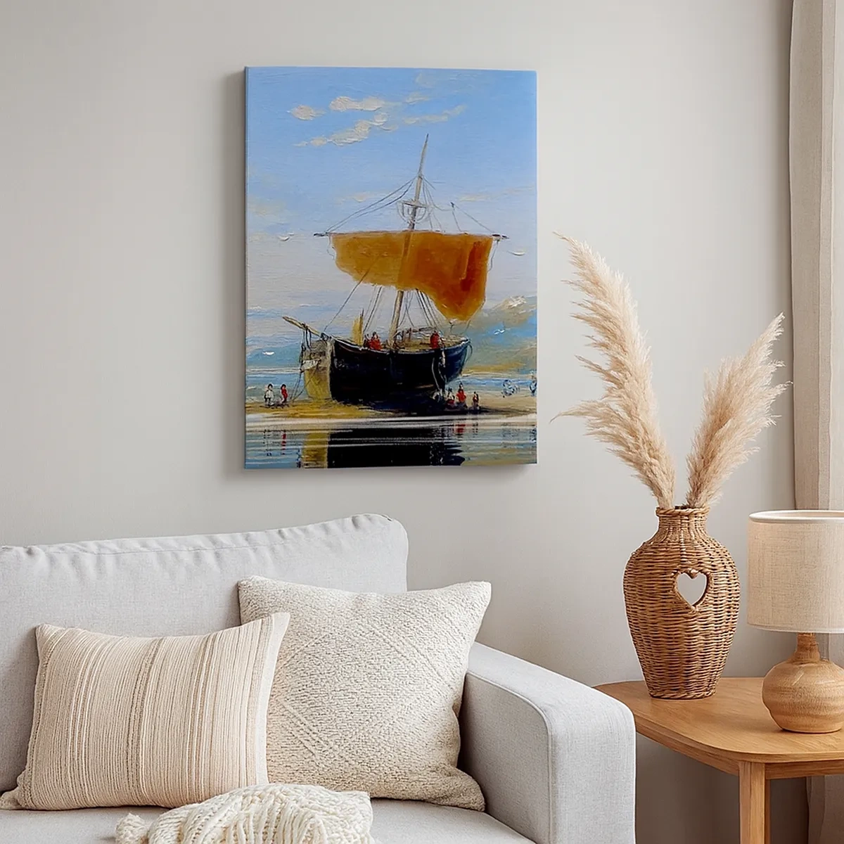 Cuadro sobre lienzo - Impresión de Imagen - Un barco en la orilla del mar en un día soleado. - 50x70cm - Agua, tierra, aire - Decoración de pared moderna para salón y dormitorio ARTTOR