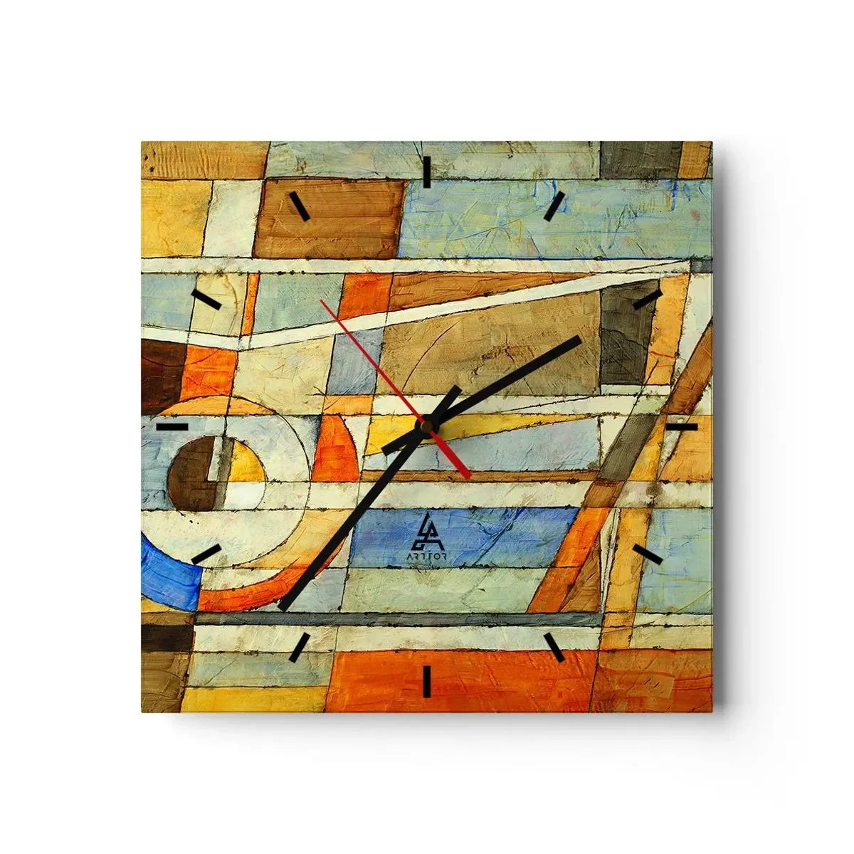 Reloj de pared - Reloj de vidrio - Abstracción geométrica en tonos beige, azul y naranja. - 30x30cm - Cubismo en una obra - Decoración de pared moderna para salón y dormitorio ARTTOR