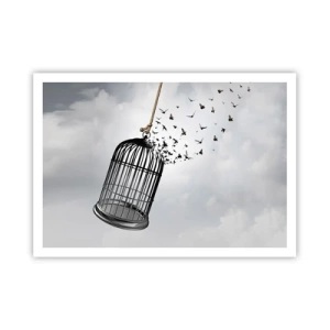 Póster - Pájaros volando desde una jaula contra el cielo. - 100x70cm - Fe... Esperanza... ¡Libertad! - Decoración de pared moderna para salón y dormitorio ARTTOR