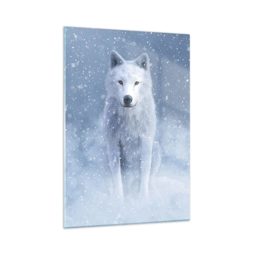Cuadro sobre vidrio - Impresiones sobre Vidrio - Un lobo blanco en una tormenta de nieve mirando hacia adelante. - 50x70cm - El espíritu del invierno - Decoración de pared moderna para salón y dormitorio ARTTOR