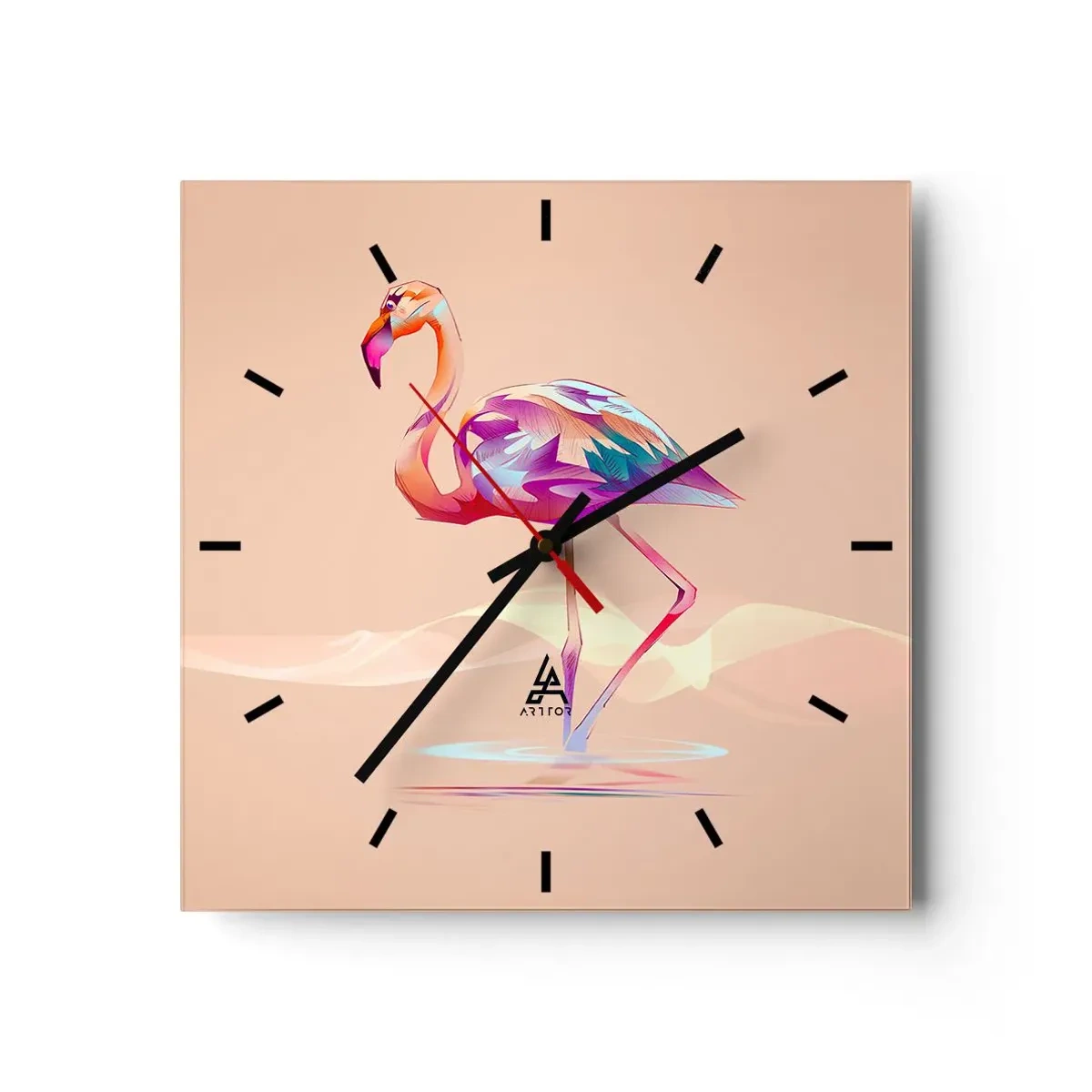 Reloj de pared - Reloj de vidrio - Un flamenco abstracto en colores pastel claros. - 30x30cm - Pájaro de las buenas emociones - Decoración de pared moderna para salón y dormitorio ARTTOR