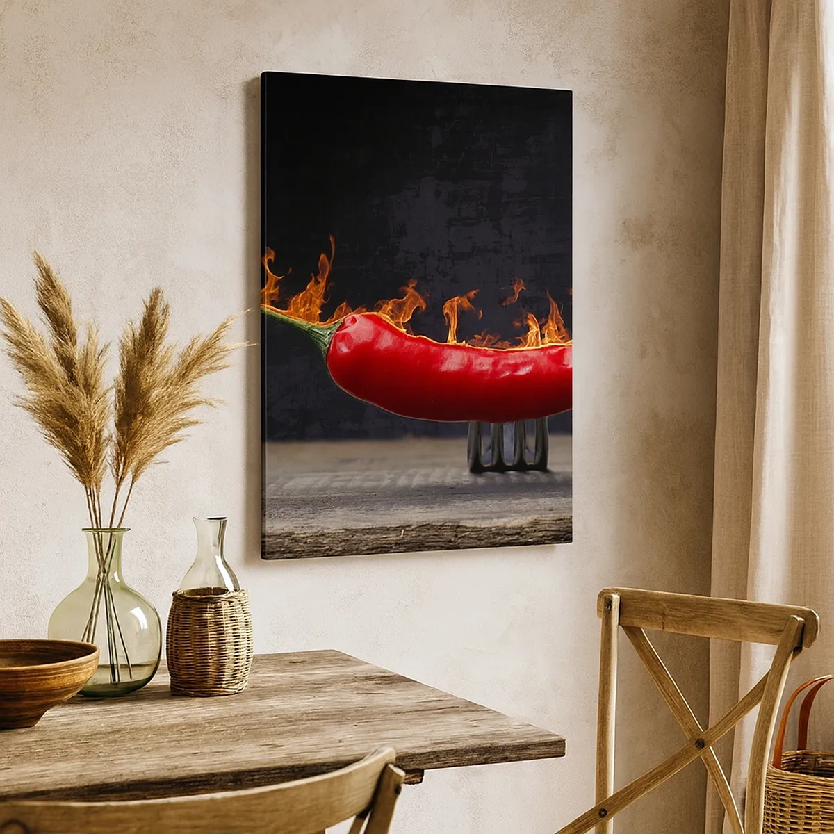 Cuadro sobre lienzo - Impresión de Imagen - Pimiento rojo flameado en un tenedor - 50x70cm - Un aperitivo ardiente - Decoración de pared moderna para salón y dormitorio ARTTOR