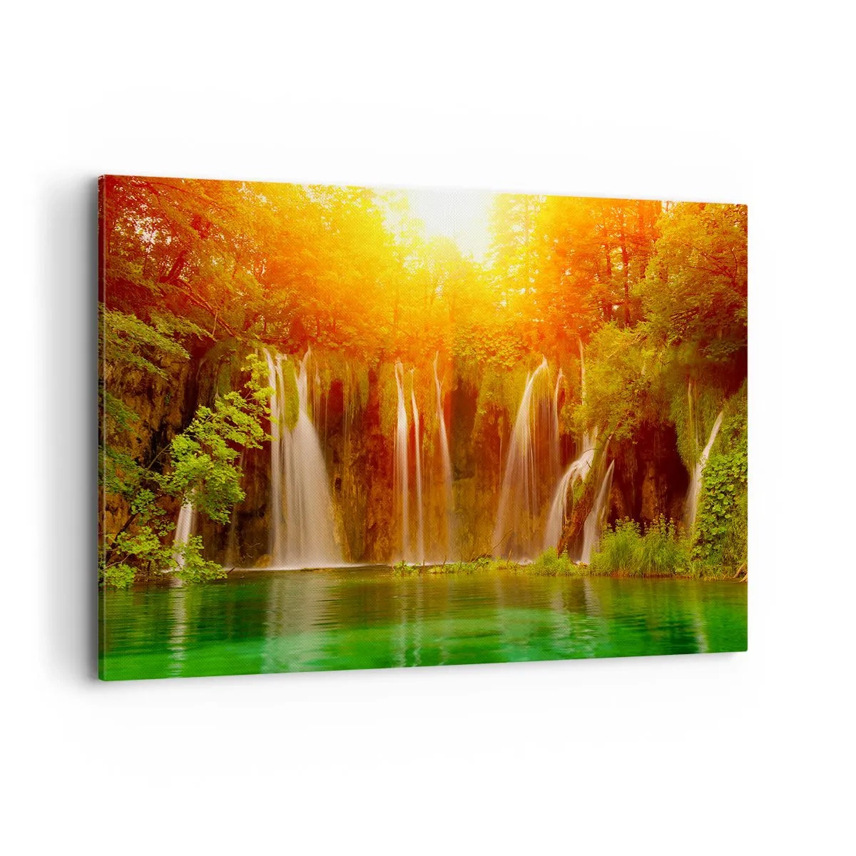 Cuadro sobre lienzo - Impresión de Imagen - Cascadas rodeadas de vegetación bajo el resplandor del sol poniente. - 120x80cm - Sol y sombra - Decoración de pared moderna para salón y dormitorio ARTTOR