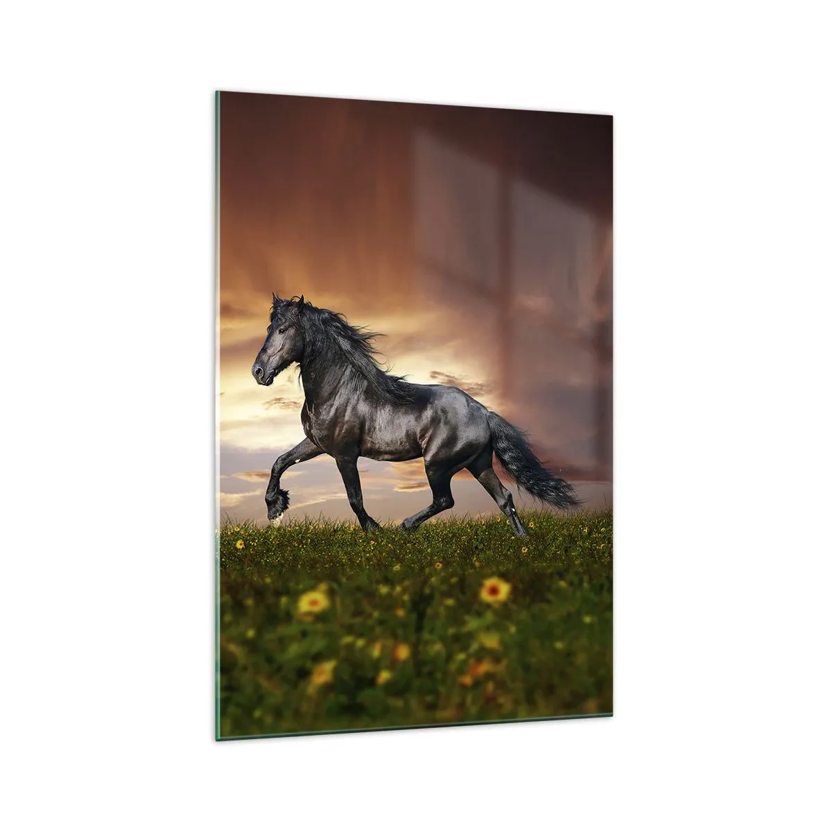 Cuadro sobre vidrio - Impresiones sobre Vidrio - Un caballo negro galopando contra el sol poniente. - 70x100cm - Príncipe negro - Decoración de pared moderna para salón y dormitorio ARTTOR