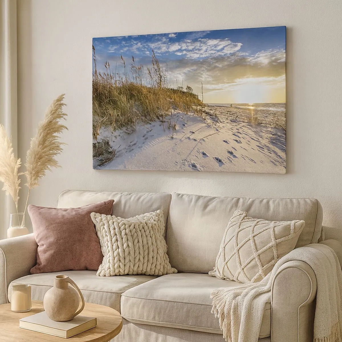 Cuadro sobre lienzo - Impresión de Imagen - Dunas con hierba y huellas en la arena al atardecer - 70x50cm - Invitación a un paseo - Decoración de pared moderna para salón y dormitorio ARTTOR