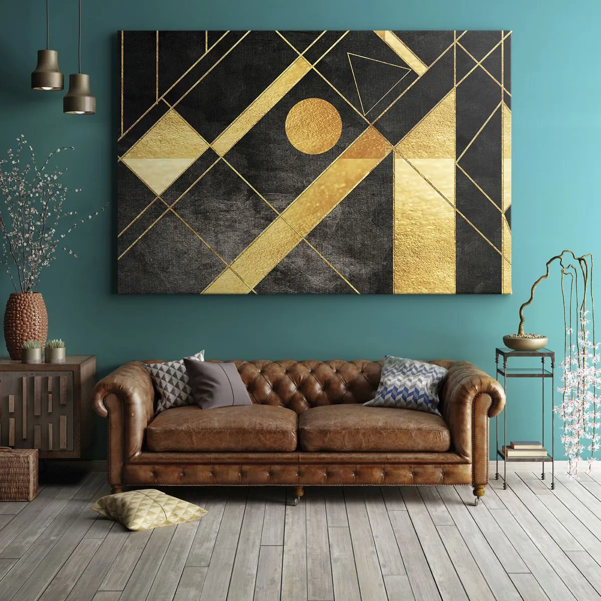 Cuadro sobre lienzo - Impresión de Imagen - Formas geométricas en tonos dorados y negros. - 70x50cm - Sol del desierto - Decoración de pared moderna para salón y dormitorio ARTTOR