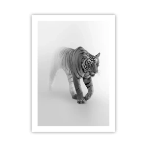 Póster - Un tigre blanco y negro emergiendo de la niebla. - 50x70cm - Siempre alerta entre la niebla - Decoración de pared moderna para salón y dormitorio ARTTOR