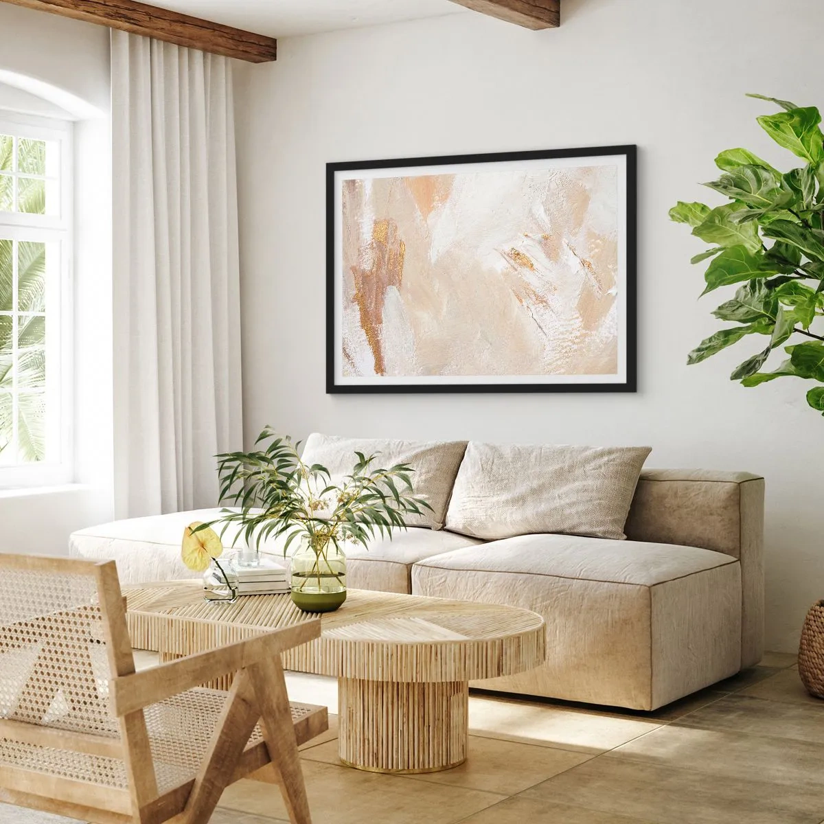 Póster en marco negro - Delicados tonos abstractos en tonos beige y dorado. - 70x50cm - Composición en pastel - Decoración de pared moderna para salón y dormitorio ARTTOR
