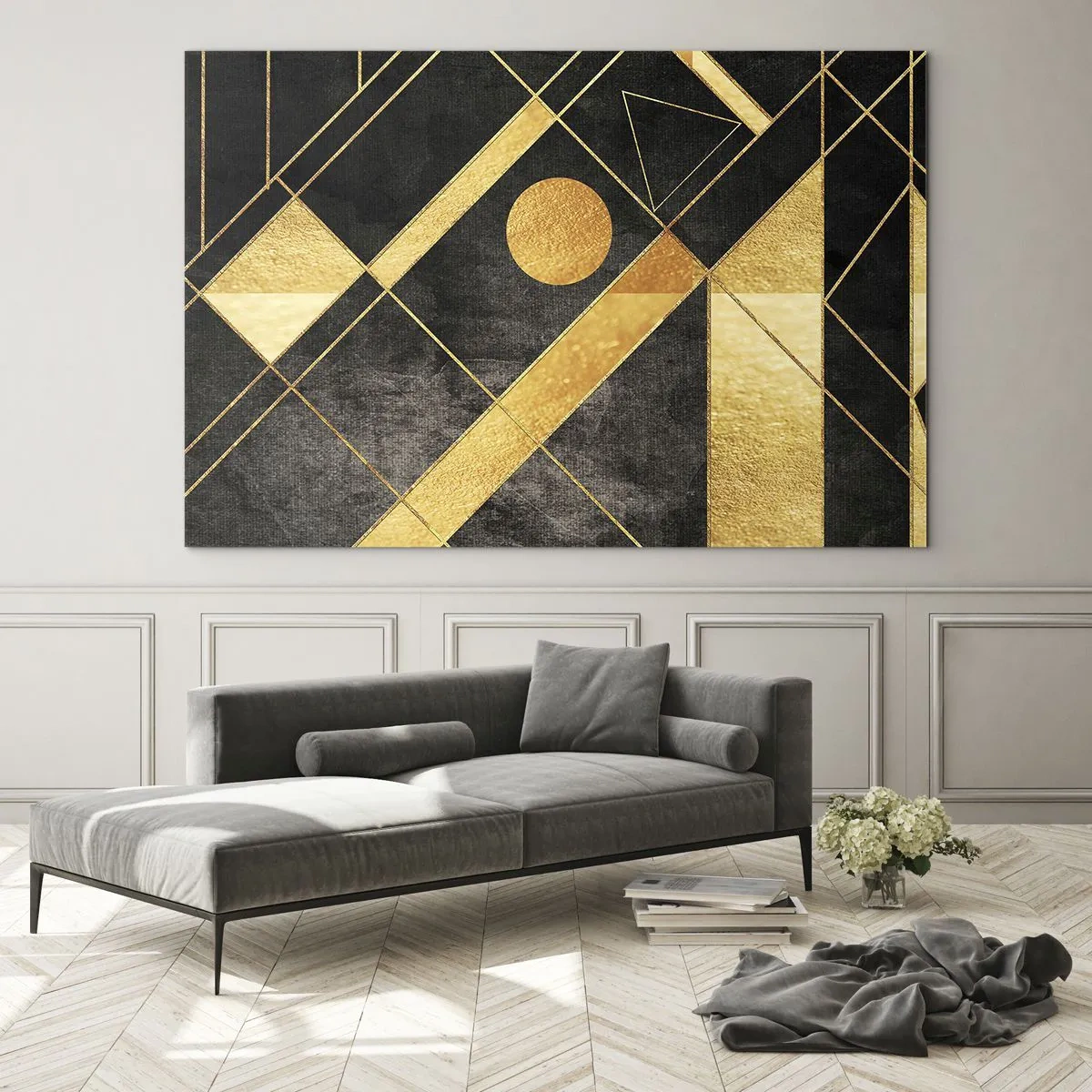 Cuadro sobre vidrio - Impresiones sobre Vidrio - Patrones geométricos dorados sobre un fondo negro - 70x50cm - Sol del desierto - Decoración de pared moderna para salón y dormitorio ARTTOR