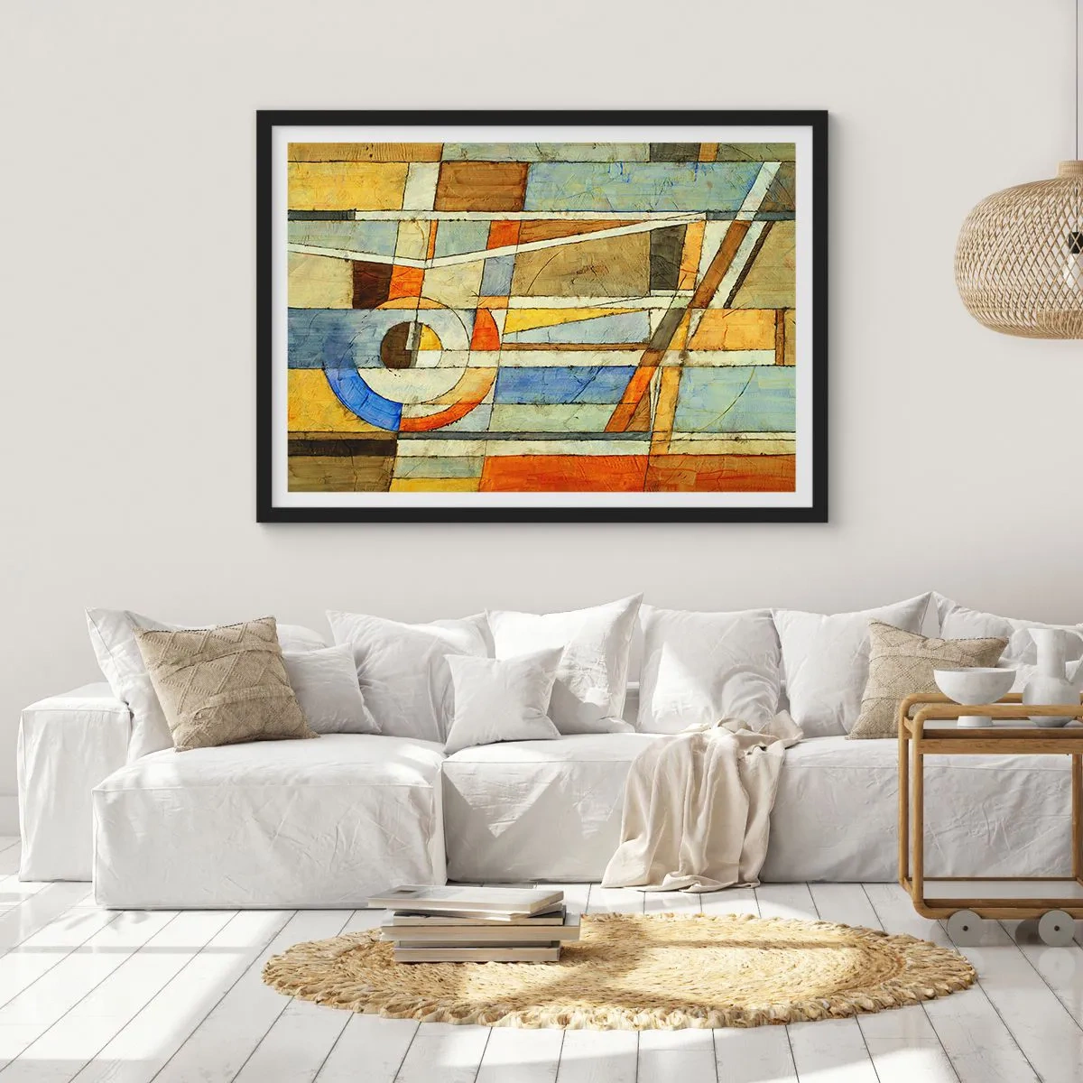 Póster en marco negro - Abstracción geométrica en tonos beige, azul y naranja. - 70x50cm - Cubismo en una obra - Decoración de pared moderna para salón y dormitorio ARTTOR