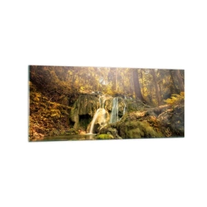 Cuadro sobre vidrio - Impresiones sobre Vidrio - Una cascada forestal bajo los rayos del sol, rodeada de vegetación. - 120x50cm - Cascada forestal en verde - Decoración de pared moderna para salón y dormitorio ARTTOR