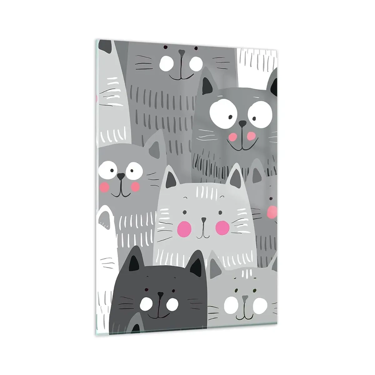 Cuadro sobre vidrio - Impresiones sobre Vidrio - Un patrón divertido con gatos en tonos grises. - 80x120cm - El mundo de los gatos - Decoración de pared moderna para salón y dormitorio ARTTOR