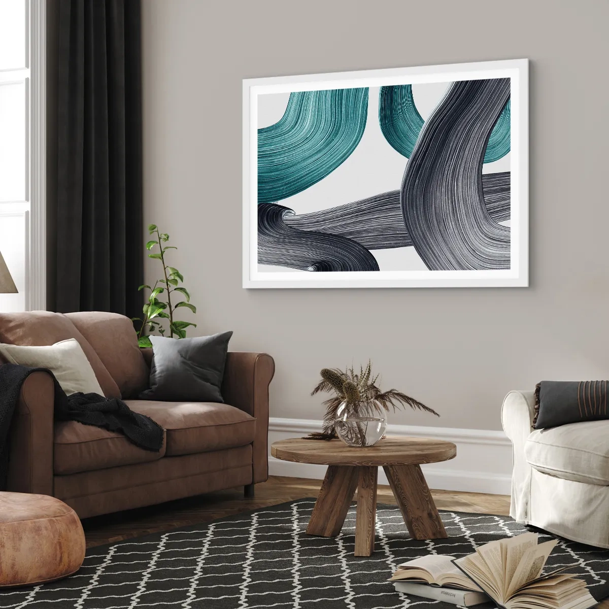 Póster en marco blanco - Senderos esmeralda y negro - 100x70 cm