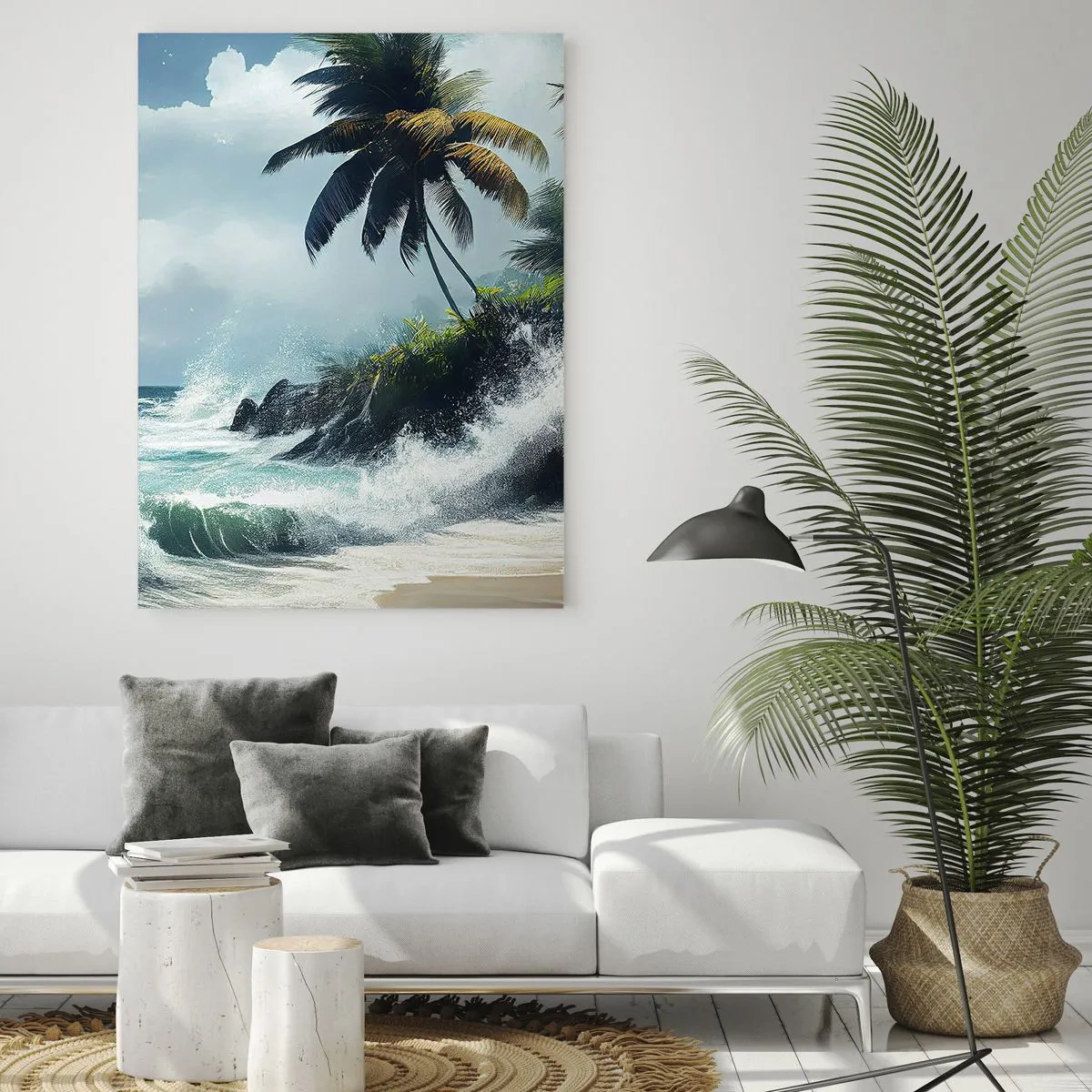 Cuadro sobre vidrio - Impresiones sobre Vidrio - Costa tropical con palmeras y mar agitado. - 70x100cm - En una costa tropical - Decoración de pared moderna para salón y dormitorio ARTTOR