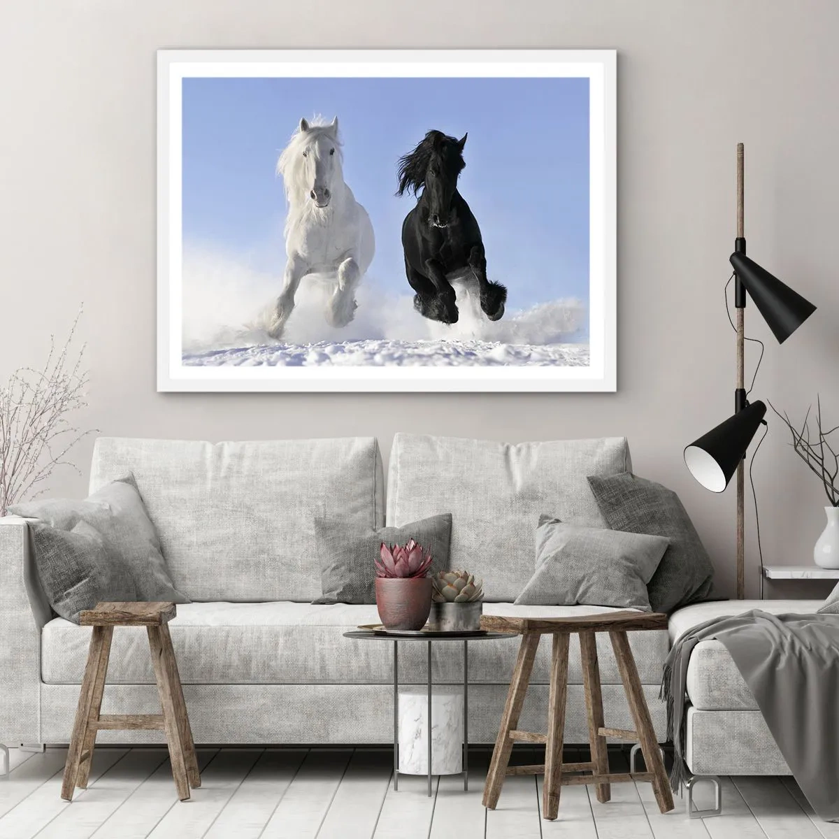 Póster en marco blanco - Galope blanco y negro - 70x50 cm