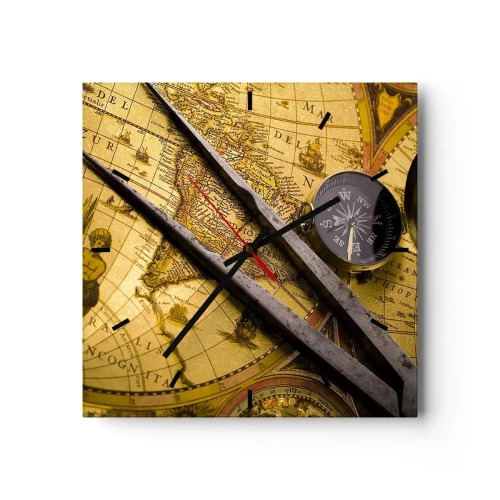 Reloj de pared - Reloj de vidrio - Un mapa del mundo antiguo con una brújula y un par de brújulas en el fondo. - 30x30cm - ¿Dónde están los tesoros? - Decoración de pared moderna para salón y dormitorio ARTTOR