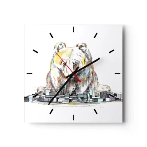 Reloj de pared - Reloj de vidrio - Ilustración de un oso con detalles coloridos y bloques. - 30x30cm - ¿Cómo podéis vivir así? - Decoración de pared moderna para salón y dormitorio ARTTOR