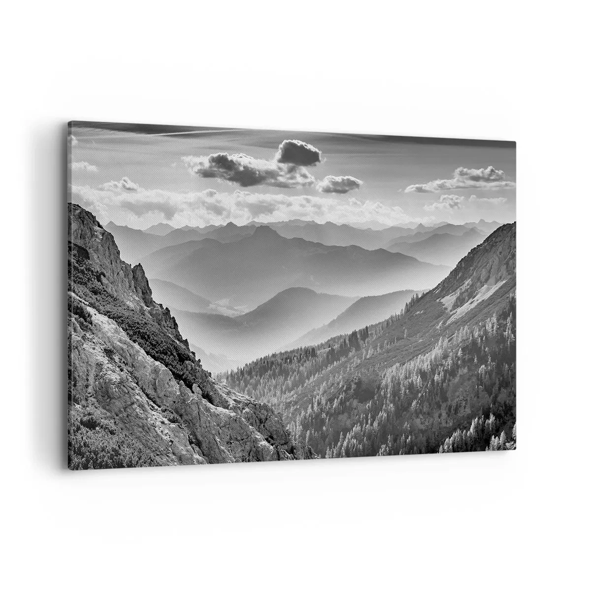 Cuadro sobre lienzo - Impresión de Imagen - Paisaje de montaña en blanco y negro con nubes sobre los picos. - 120x80cm - Hasta el horizonte - Decoración de pared moderna para salón y dormitorio ARTTOR
