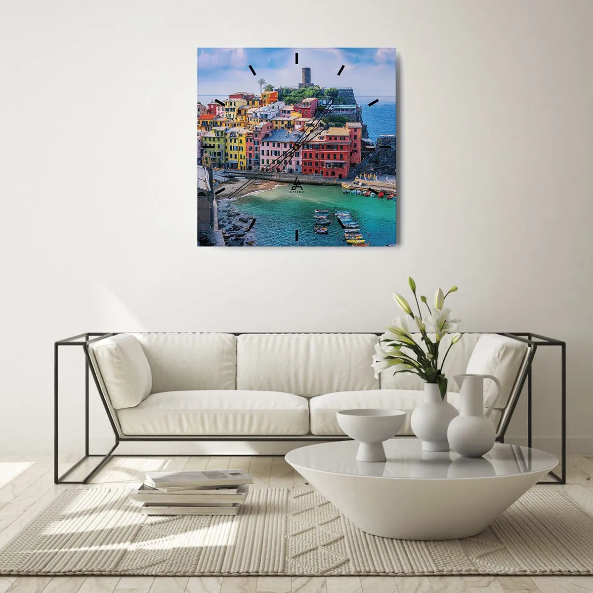 Reloj de pared - Reloj de vidrio - Pueblo mágico del Mediterráneo - 30x30 cm